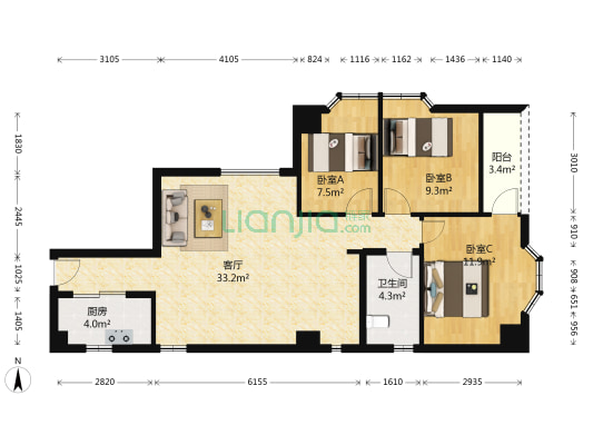 华轩大厦 3室1厅1卫 87平方