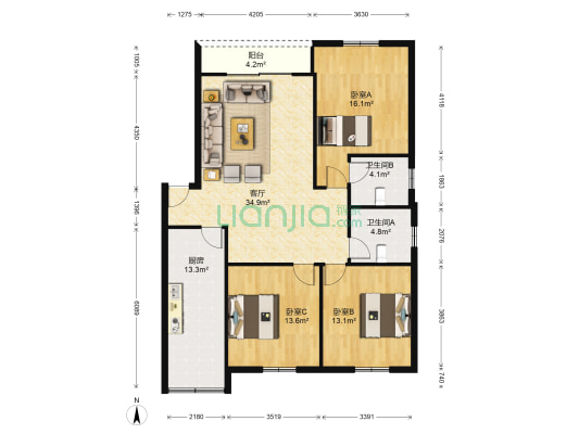 嘉信茗苑 3室1厅2卫 102平方