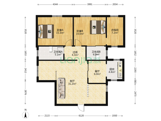 滨海大厦 2室2厅2卫 134平方