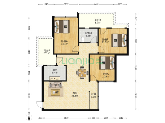 绿叶楼 3室1厅1卫 110平方