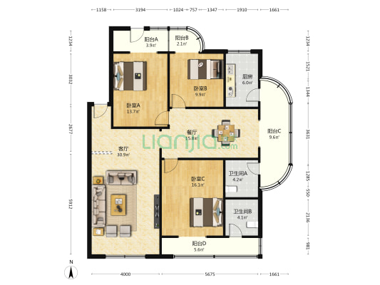 人民银行宿舍 3室2厅2卫 133平方