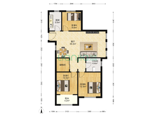 天齐奥东花园 3室1厅1卫 122平方