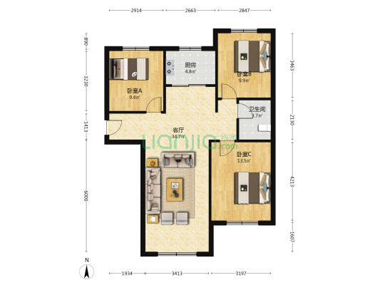 K2狮子城南区 3室2厅 南 北-户型图
