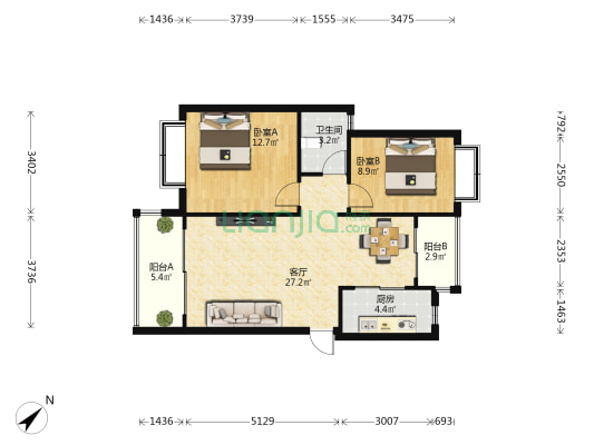 揽海听涛 2室1厅1卫 86平方