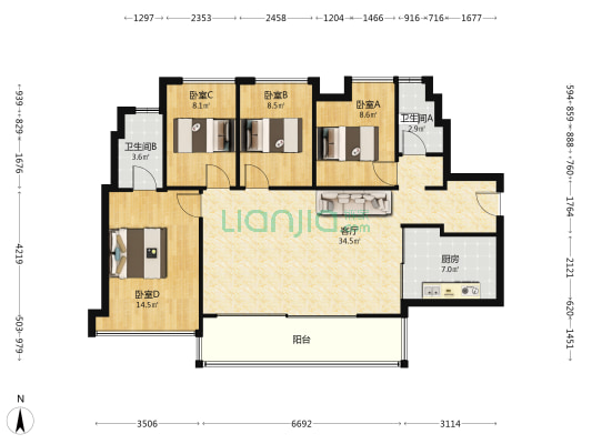 太东万科万悦花园 4室1厅2卫 115平方