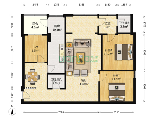 蒲阳路565号 3室1厅2卫 84平方