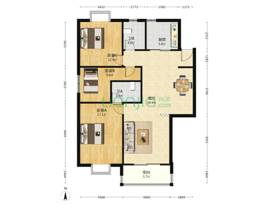 龙翔隐园 3室1厅2卫 119平方