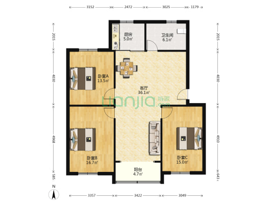 国富实业 3室1厅1卫 114平方