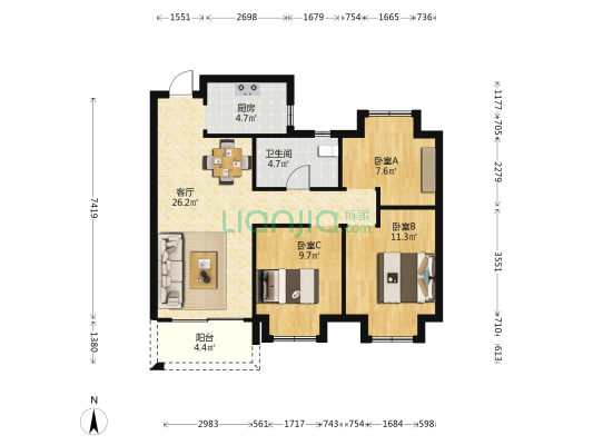 世茂十里星河 3室1厅1卫 96平方
