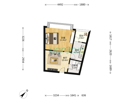 米兰丽都 1室1厅1卫 53平方