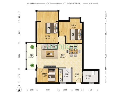 紫来居 3室1厅1卫 102平方