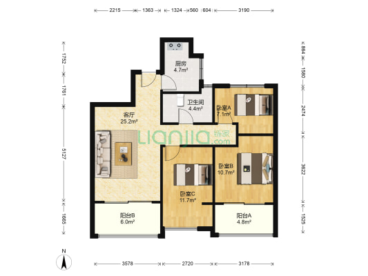 新湖明珠城聆湖苑西区 3室1厅1卫 87平方