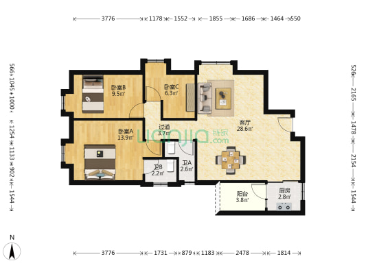 城南雅居 3室1厅2卫 85平方