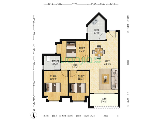 龙归城 3室1厅1卫 90平方
