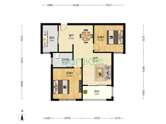 塘泾里 2室2厅1卫 88平方