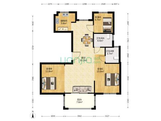 藏绿园 3室1厅2卫 108平方