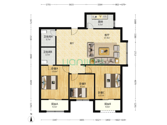 两园安置房小区 3室1厅2卫 121平方