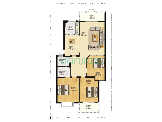 碧水源 3室2厅2卫 117平方