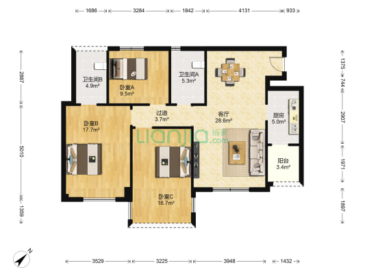 山漫锦城 3室1厅2卫 100平方
