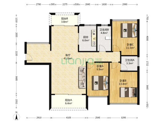 深基天海城市花园 3室1厅2卫 128平方