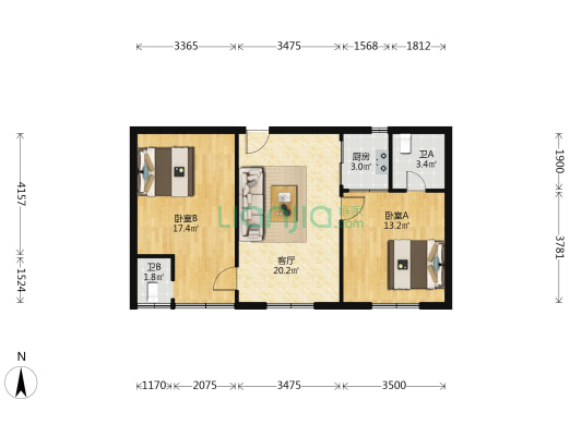 民源小区 2室1厅2卫 64平方