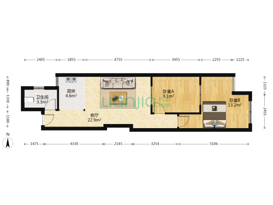 开发区弘德缘精装东向大两居，有本。-户型图