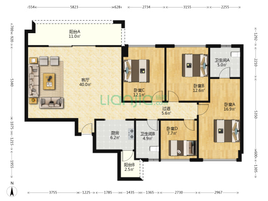 天誉 4室1厅2卫 148平方