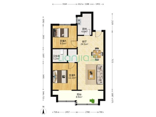 星光岛牡丹园 2室1厅1卫 87平方