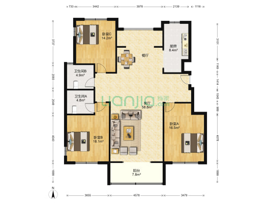 汇福山庄 3室1厅2卫 167平方