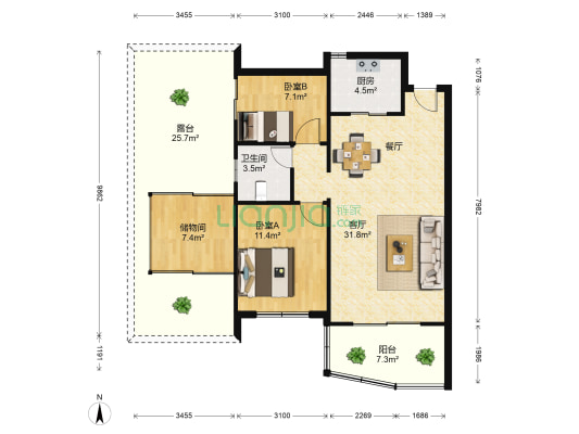 明发园二期 2室1厅1卫 80平方