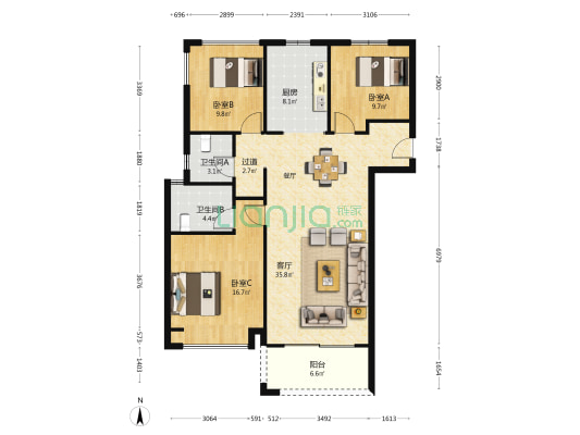 雅居乐春森湖畔东区 3室1厅2卫 130平方