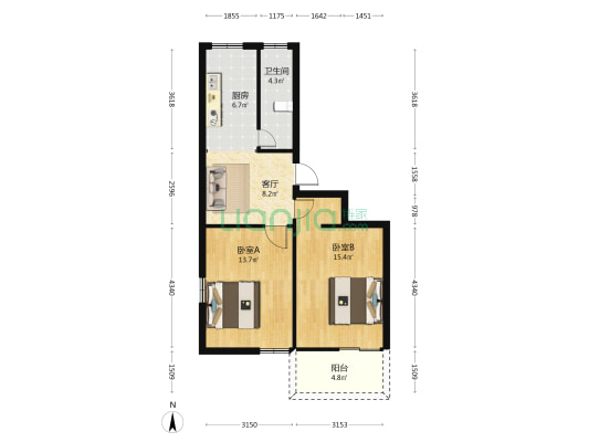 省饲料公司北环中路单位宿舍 2室1厅1卫 67平方