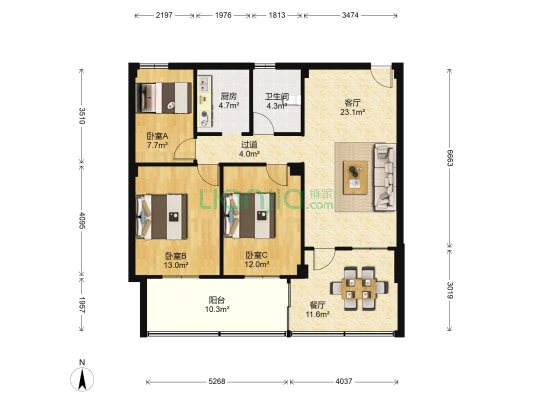 怡富广场 3室2厅1卫 87平方