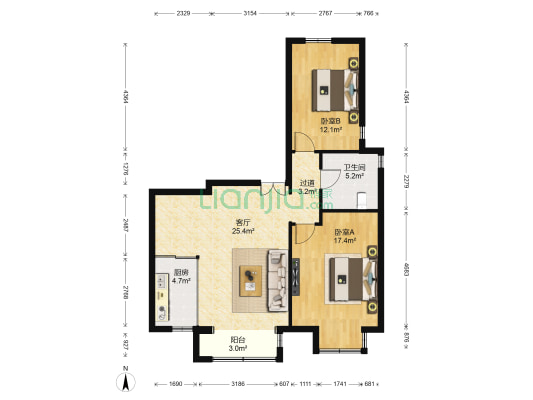中铁翰庭 2室1厅1卫 90平方