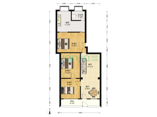 冷库宿舍 3室2厅1卫 63平方