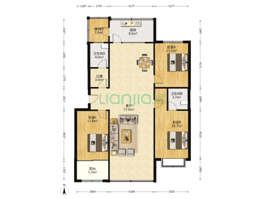 龙腾国际花园 3室1厅2卫 162平方