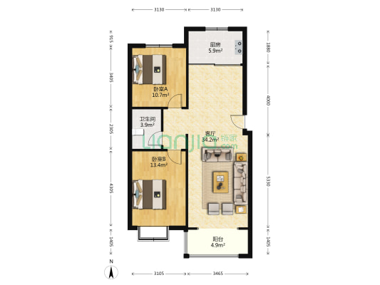 金鑫东郡 2室1厅1卫 91平方