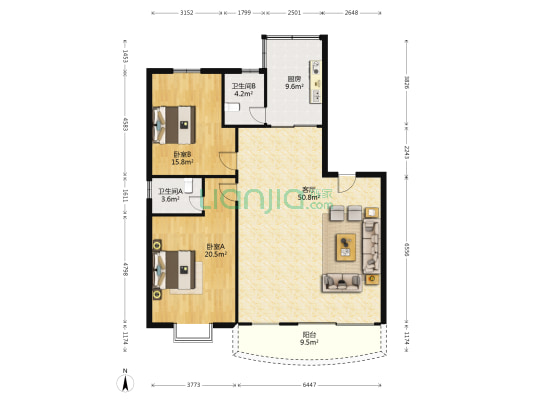 菊晖苑 2室1厅2卫 136平方