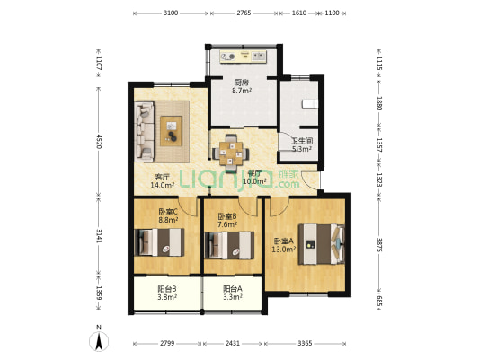 新区花苑 3室2厅1卫 91平方