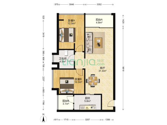 天荟公馆 2室1厅1卫 89平方