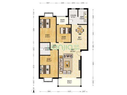 雁翔居 3室2厅2卫 123平方