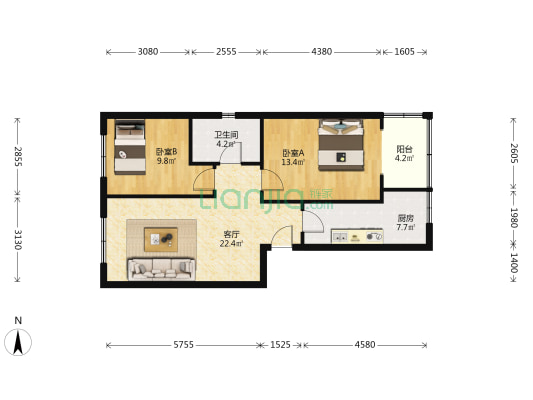 状元公寓 2室1厅1卫 77平方