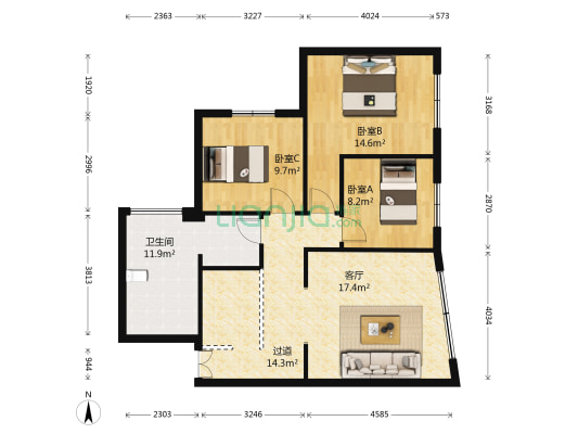 茗桂花园 3室1厅1卫 96平方