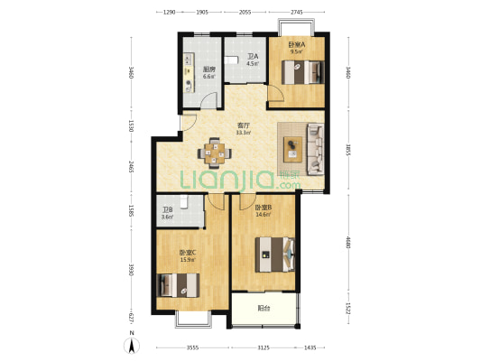 金鼎花园 3室1厅2卫 111平方