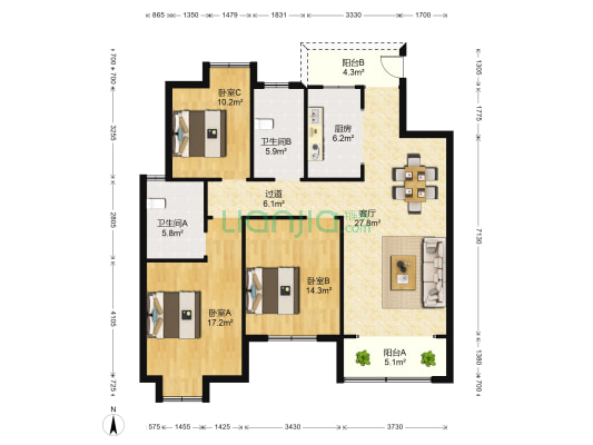 书香苑 3室1厅2卫 131平方