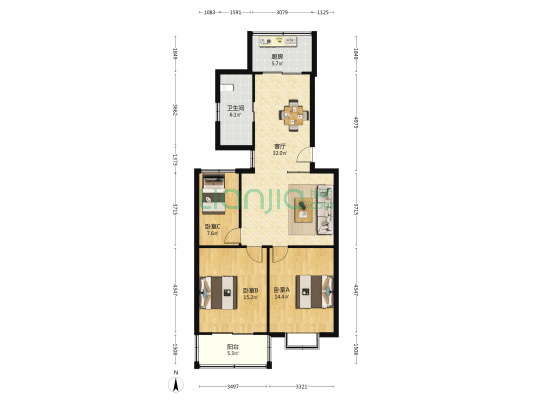 农贸小区 3室1厅1卫 106平方