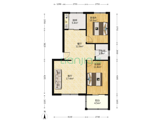 紫晨小区南北通透正规两居本满五年税费低-户型图