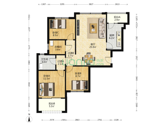 莲香园 3室1厅1卫 111平方