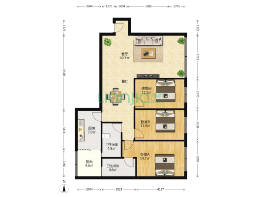 一城花园 2室1厅2卫 113平方