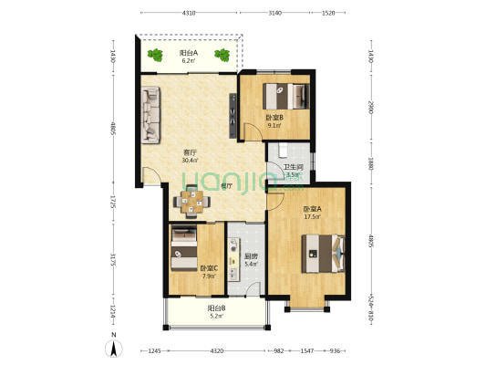 太阳城 3室1厅1卫 96平方